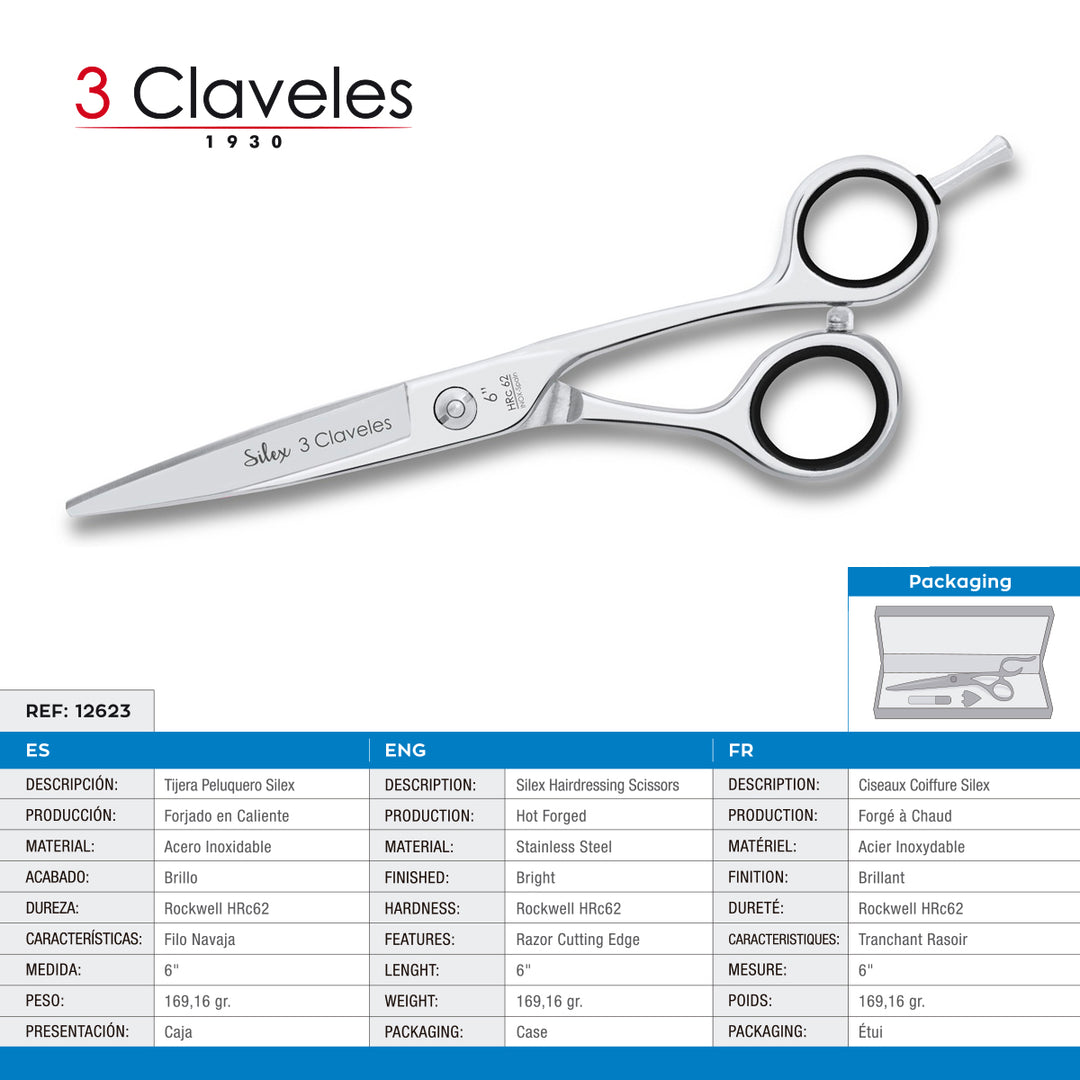 3 Claveles Silex - Tijera Profesional Peluquero 6" Acero Inox. Filo Navaja Forjado en Caliente