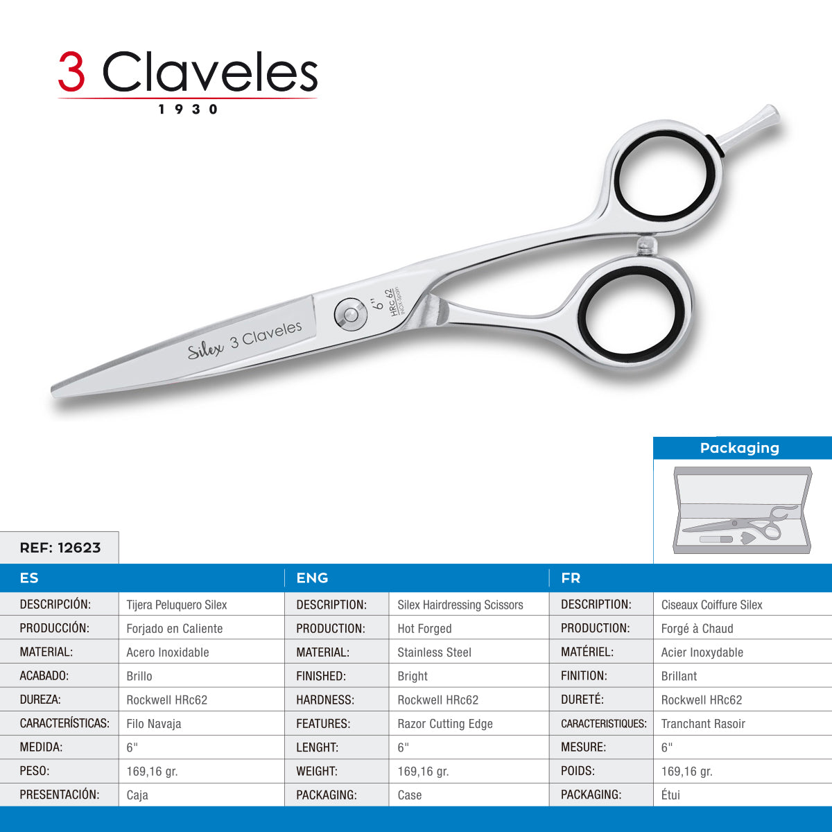 3 Claveles Silex - Tijera Profesional Peluquero 6" Acero Inox. Filo Navaja Forjado en Caliente