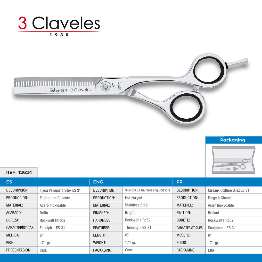 3 Claveles Silex - Tijera Profesional Peluquero 6" Esculpir ES 31 Acero Forjado en Caliente