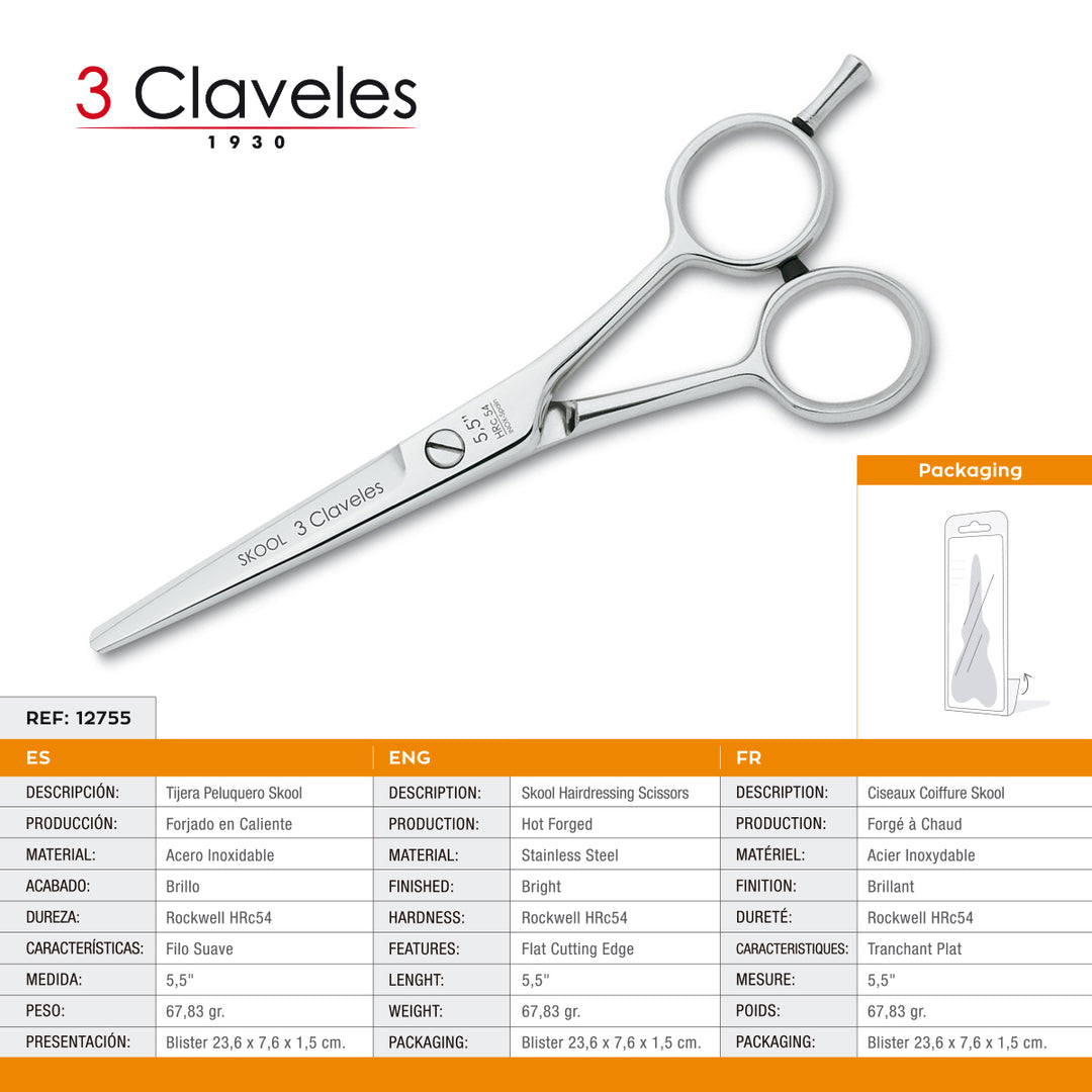 3 Claveles Skool - Tijera Profesional Peluquero 5.5" Acero Inox. Filo Suave Forjado en Caliente