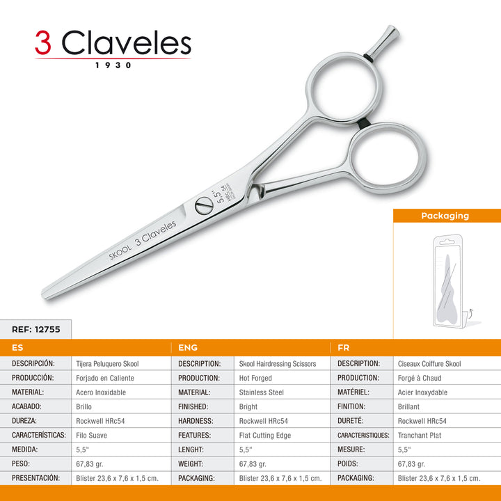3 Claveles Skool - Tijera Profesional Peluquero 5.5" Acero Inox. Filo Suave Forjado en Caliente
