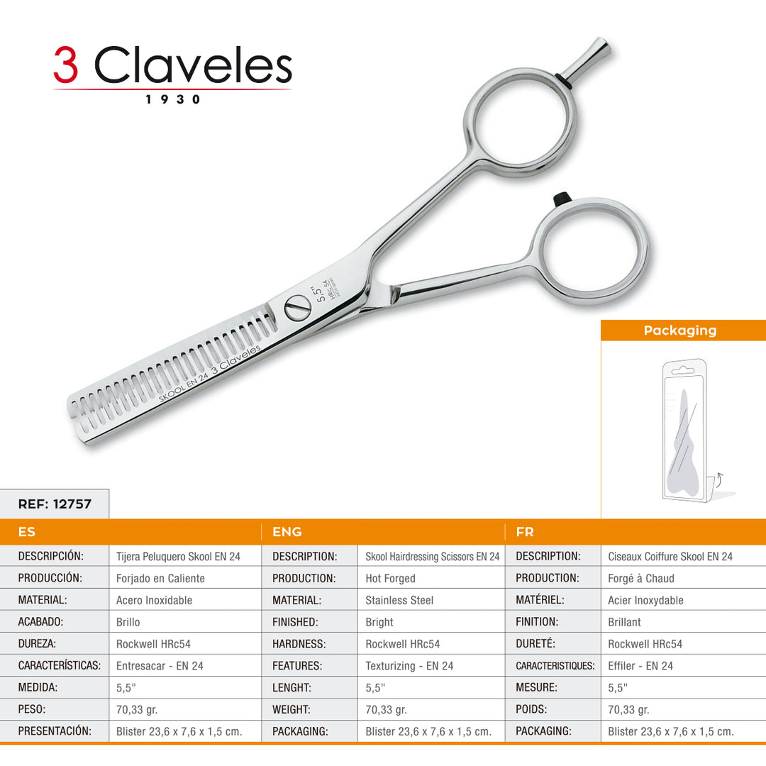 3 Claveles Skool - Tijera Profesional Peluquero 5.5" Entresacar EN 24 Filo Suave Acero Forjado en Caliente