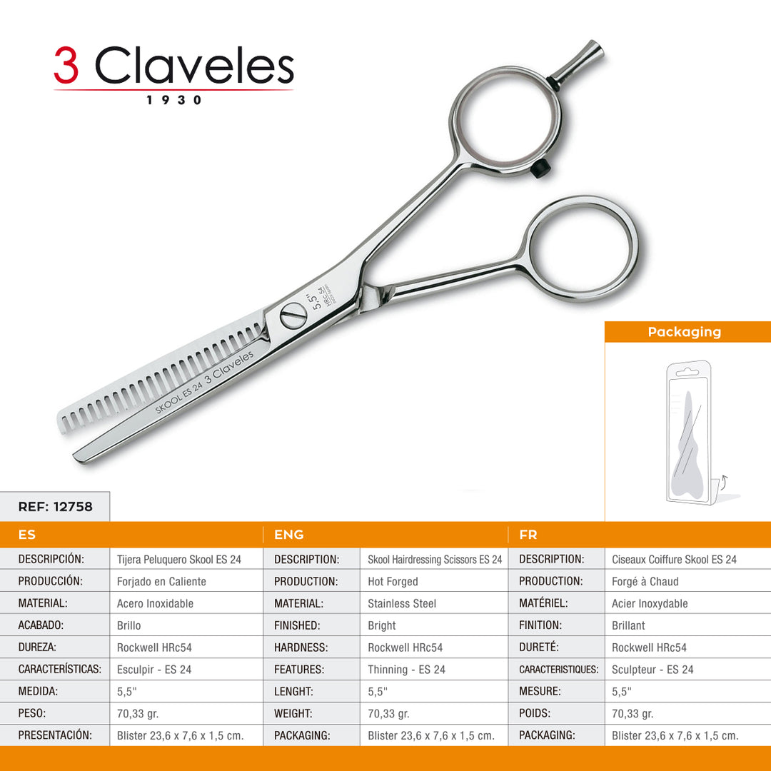 3 Claveles Skool - Tijera Profesional Peluquero 5.5" Esculpir ES 24 Filo Suave Acero Forjado en Caliente
