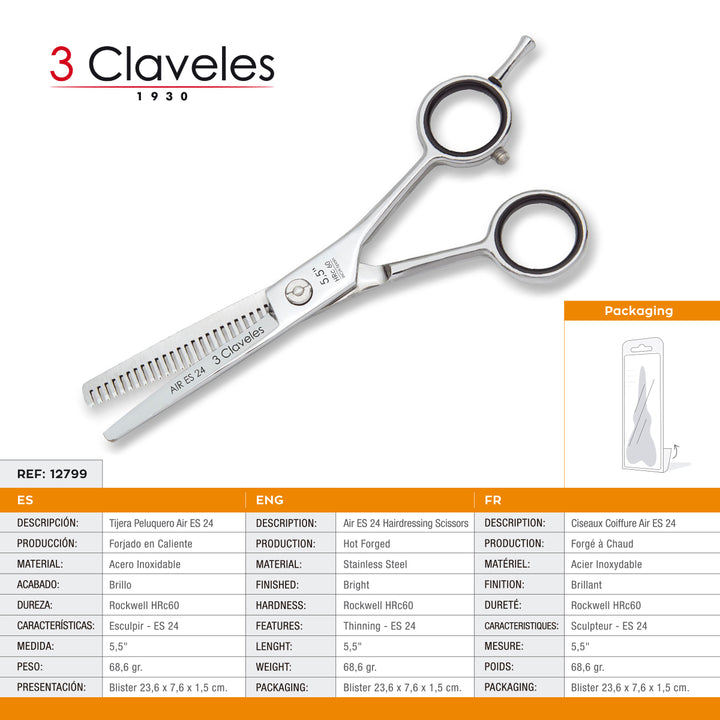3 Claveles Air - Tijera Profesional Peluquero 5.5" Esculpir ES 24 Acero Forjado en Caliente