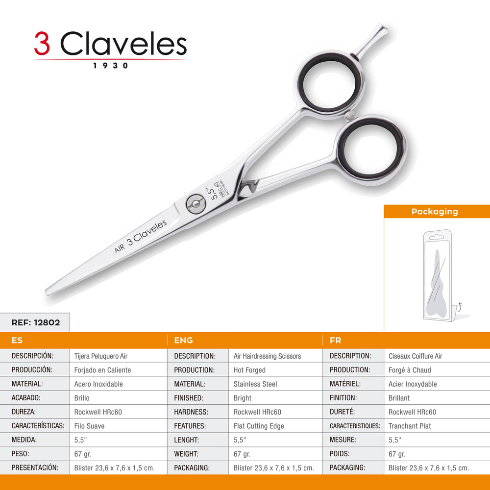 3 Claveles Air - Tijera Profesional Peluquero 5.5" Acero Inox. Filo Suave Forjado en Caliente