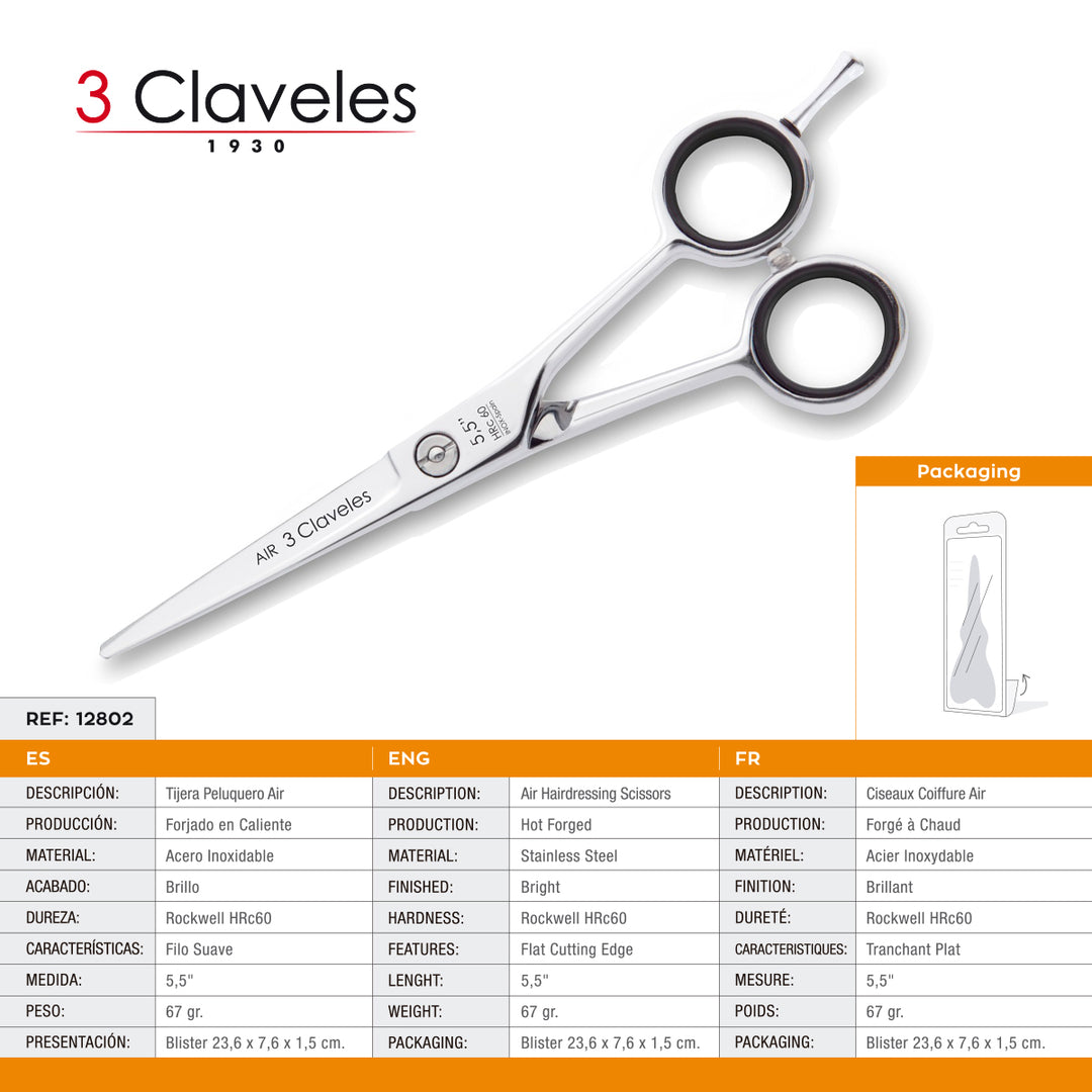 3 Claveles Air - Tijera Profesional Peluquero 5.5" Acero Inox. Filo Suave Forjado en Caliente