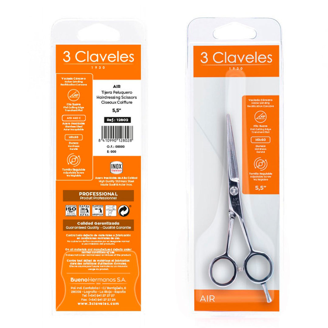 3 Claveles Air - Tijera Profesional Peluquero 5.5" Acero Inox. Filo Suave Forjado en Caliente