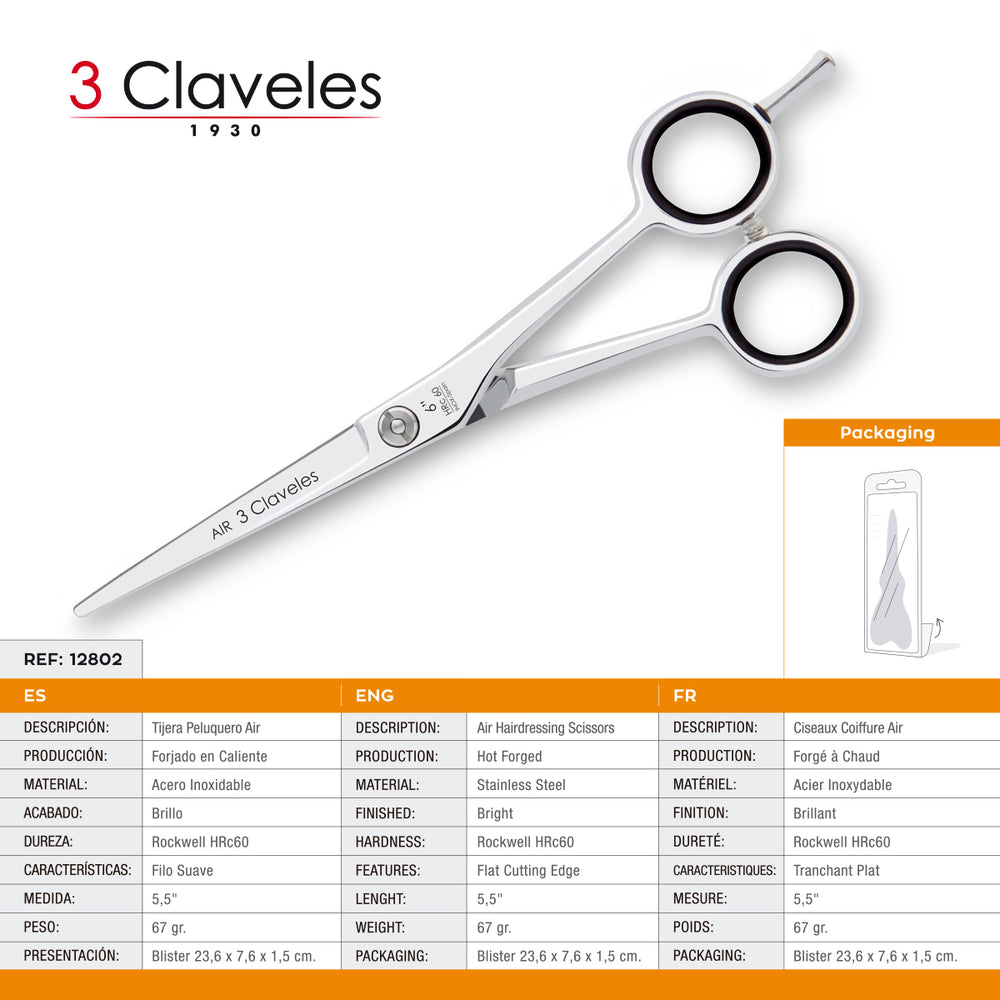 3 Claveles Air - Tijera Profesional Peluquero 6" Acero Inox. Filo Suave Forjado en Caliente