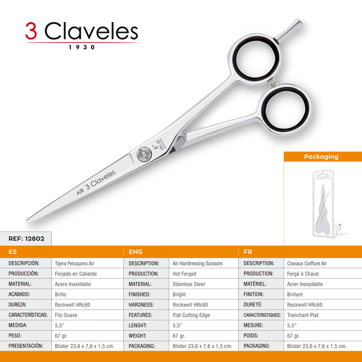 3 Claveles Air - Tijera Profesional Peluquero 6" Acero Inox. Filo Suave Forjado en Caliente