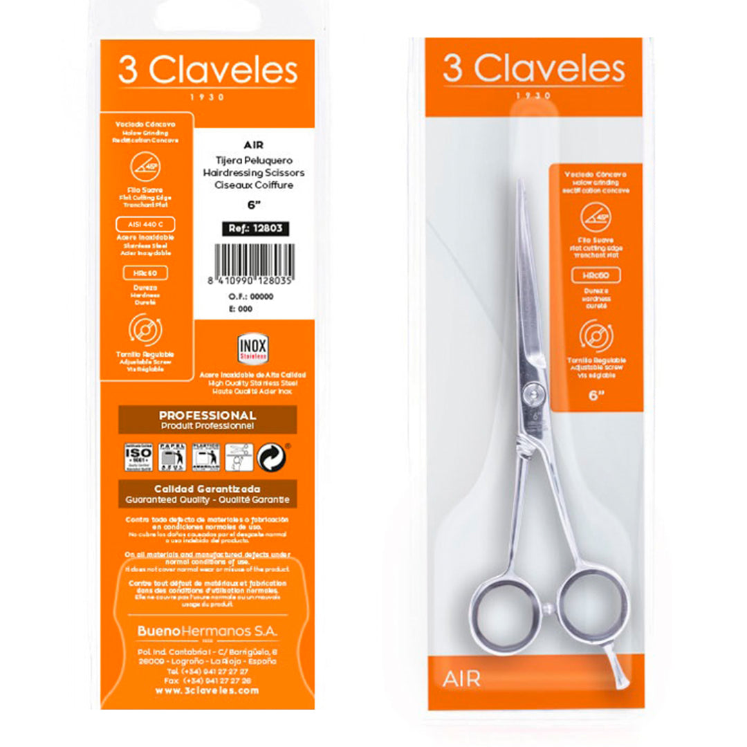 3 Claveles Air - Tijera Profesional Peluquero 6" Acero Inox. Filo Suave Forjado en Caliente