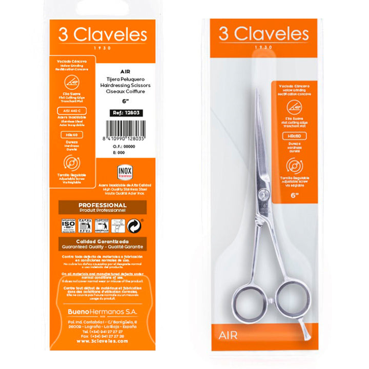 3 Claveles Air - Tijera Profesional Peluquero 6" Acero Inox. Filo Suave Forjado en Caliente