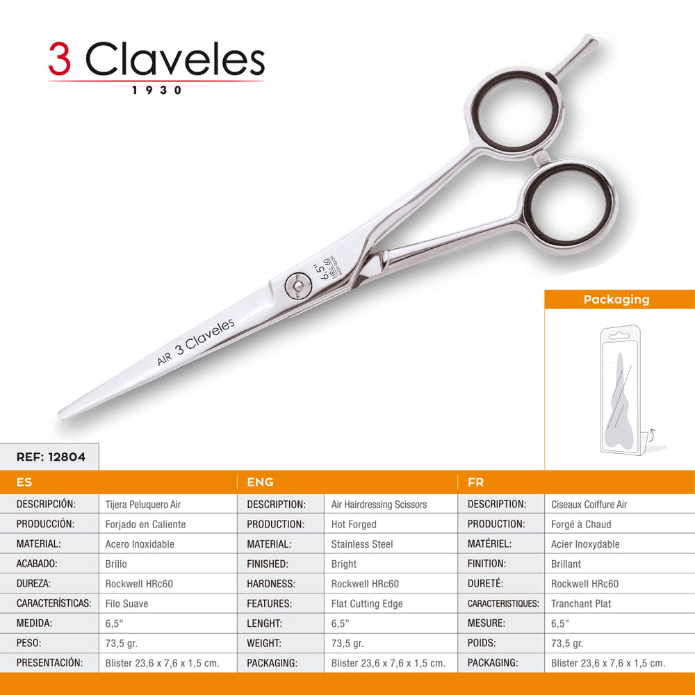 3 Claveles Air - Tijera Profesional Peluquero 6.5" Acero Inox. Filo Suave Forjado en Caliente