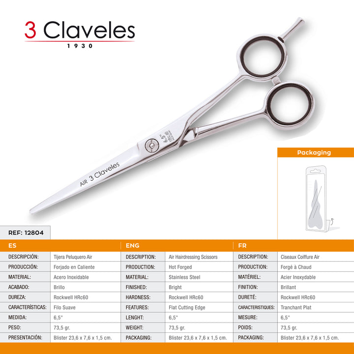 3 Claveles Air - Tijera Profesional Peluquero 6.5" Acero Inox. Filo Suave Forjado en Caliente