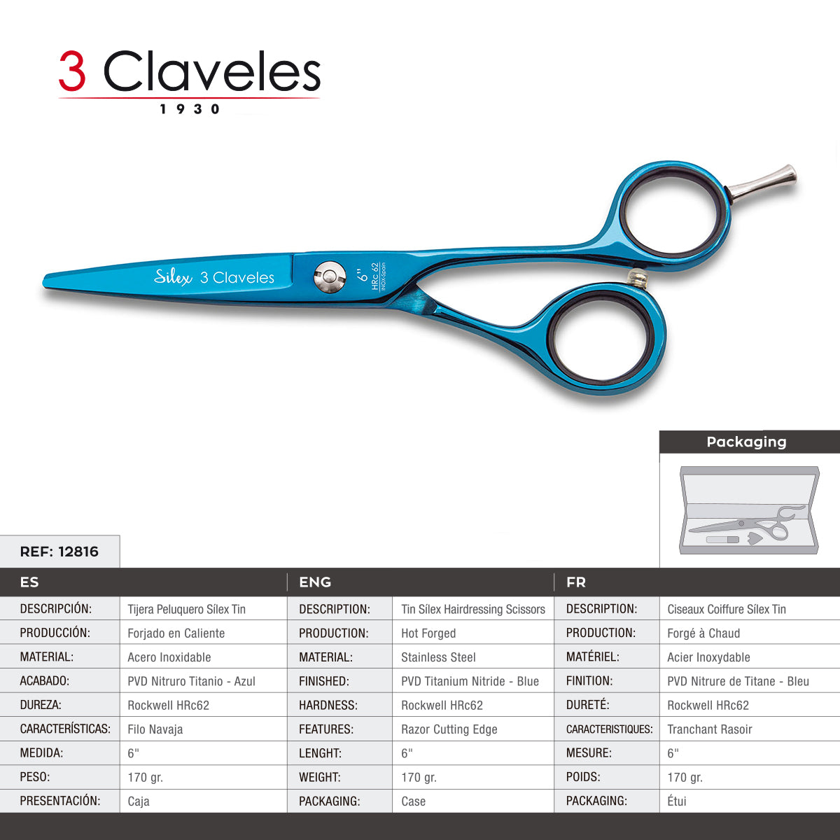 3 Claveles Silex - Tijera Profesional Peluquero 6" Acero PVD Nitruro Titanio Forjado en Caliente