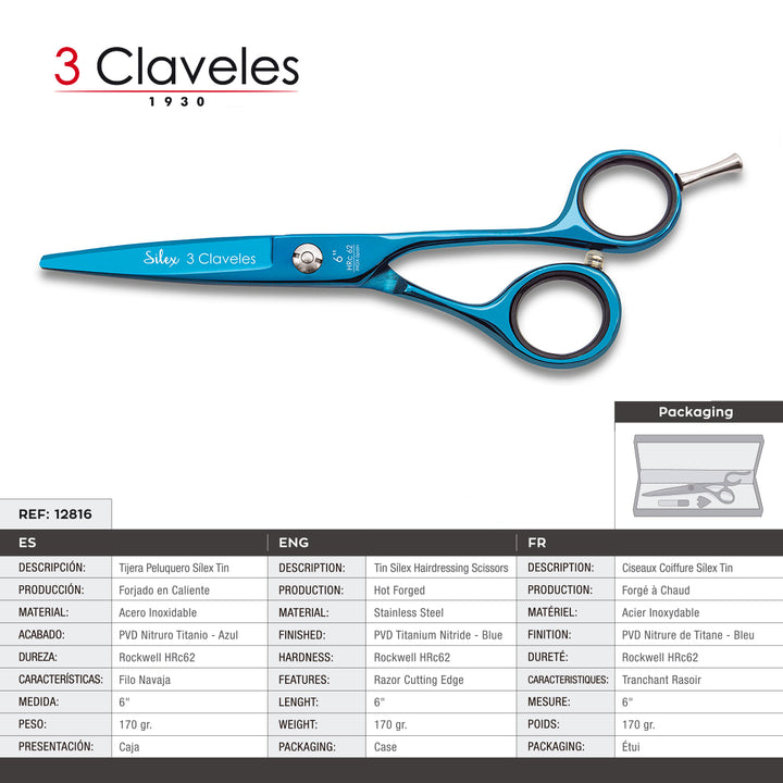 3 Claveles Silex - Tijera Profesional Peluquero 6" Acero PVD Nitruro Titanio Forjado en Caliente