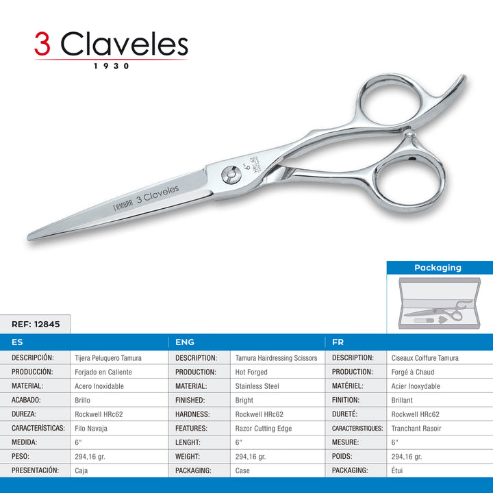 3 Claveles Tamura - Tijera Profesional Peluquero 6" Acero Filo Navaja Forjado en Caliente