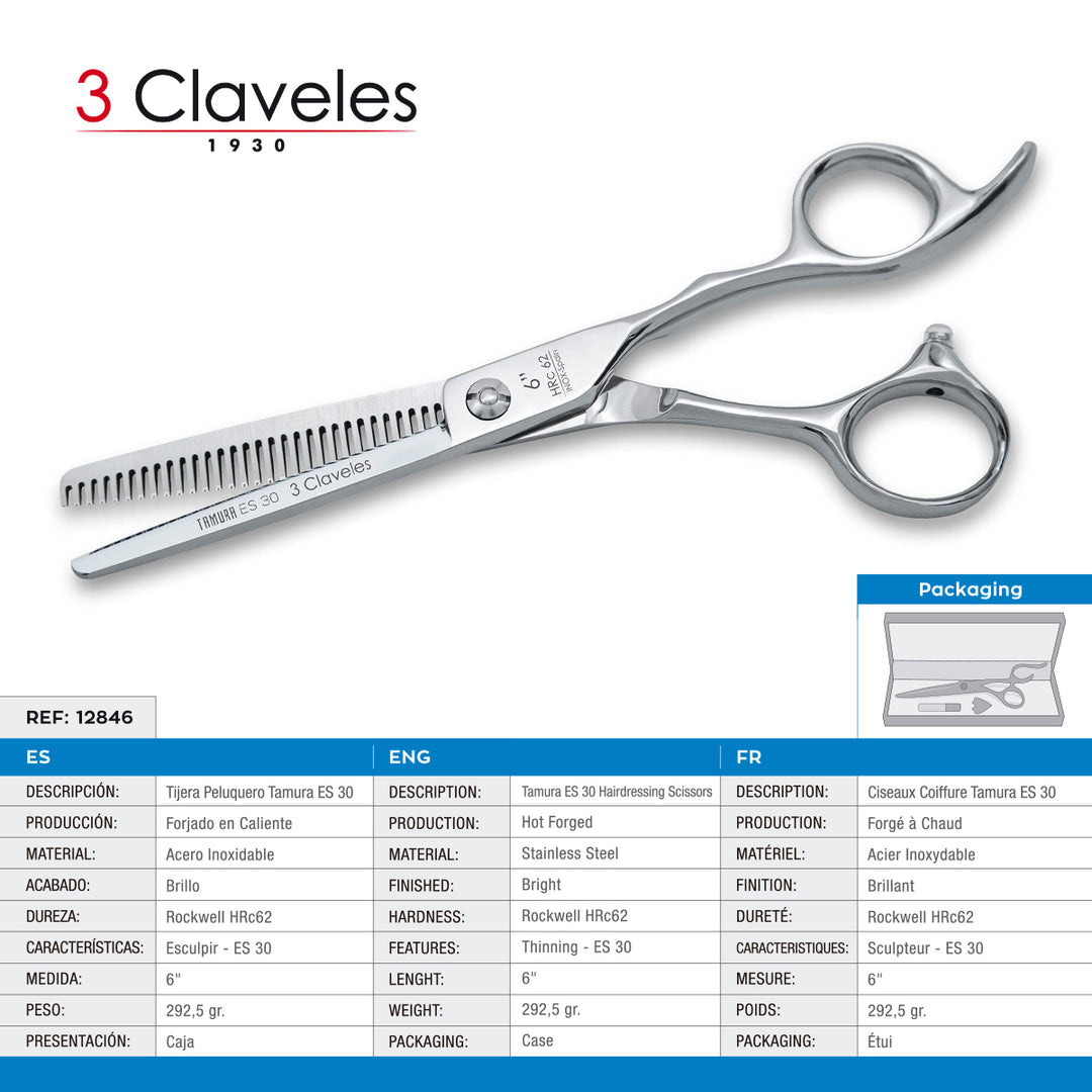 3 Claveles Tamura - Tijera Profesional Peluquero 6" Esculpir ES 30 Acero Forjado en Caliente