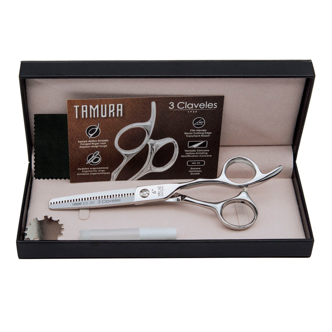 3 Claveles Tamura - Tijera Profesional Peluquero 6" Esculpir ES 30 Acero Forjado en Caliente
