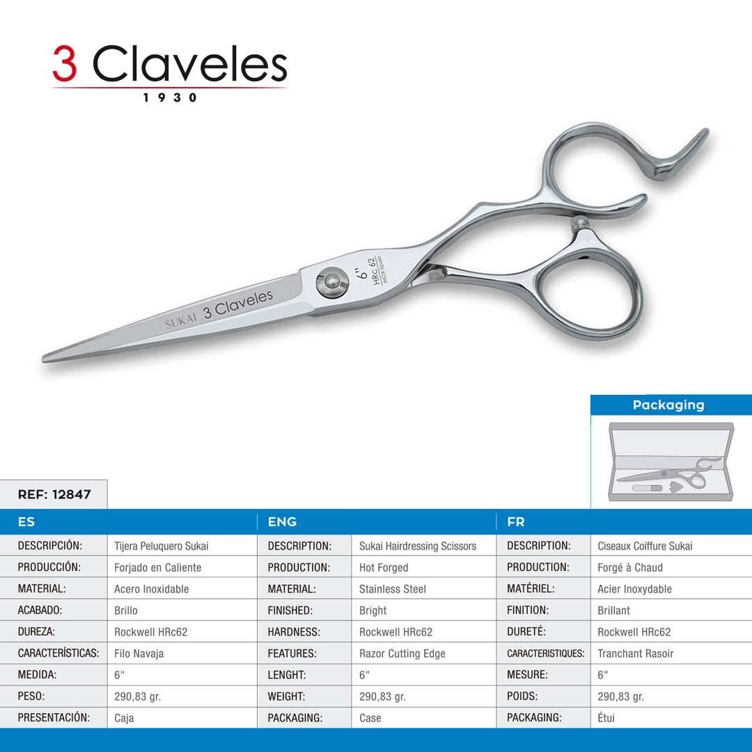 3 Claveles Sukai - Tijera Profesional Peluquero 6" Acero Filo Navaja Forjado en Caliente