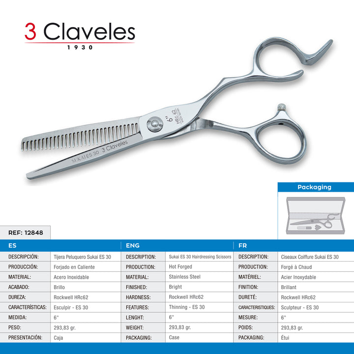 3 Claveles Sukai - Tijera Profesional Peluquero 6" Esculpir ES 30 Acero Forjado en Caliente