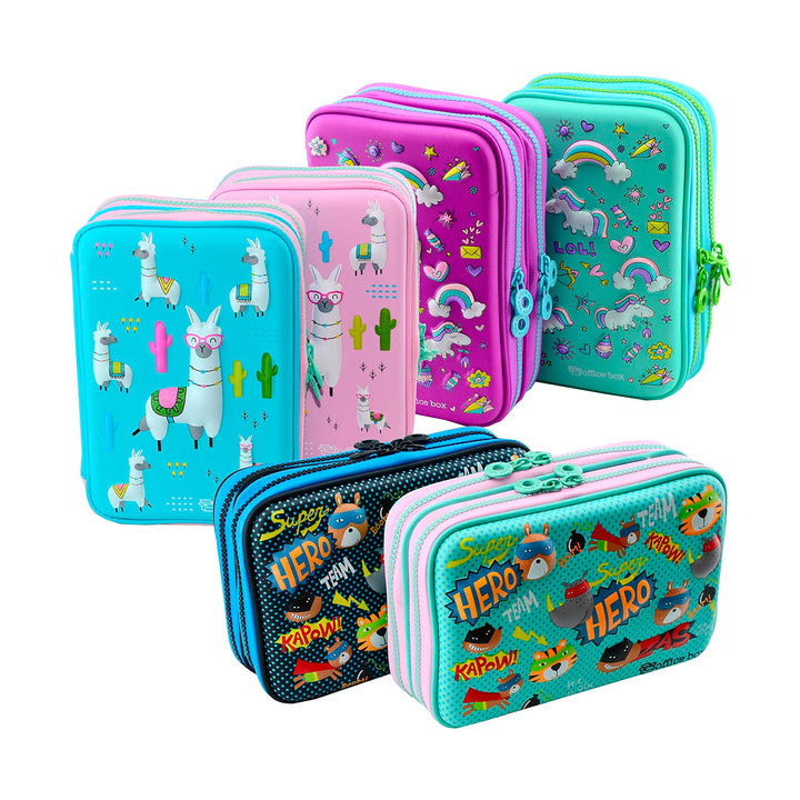 Estuche 3D Magic Plumier con Cuerpo Rígido en EVA con Relieve. Modelo LLamas Rosa