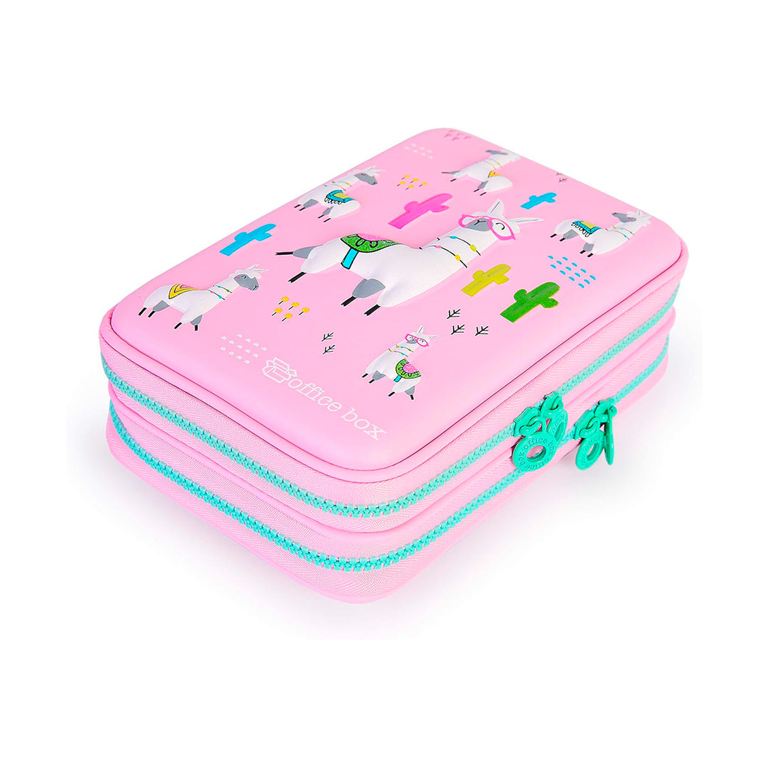 Estuche 3D Magic Plumier con Cuerpo Rígido en EVA con Relieve. Modelo LLamas Rosa