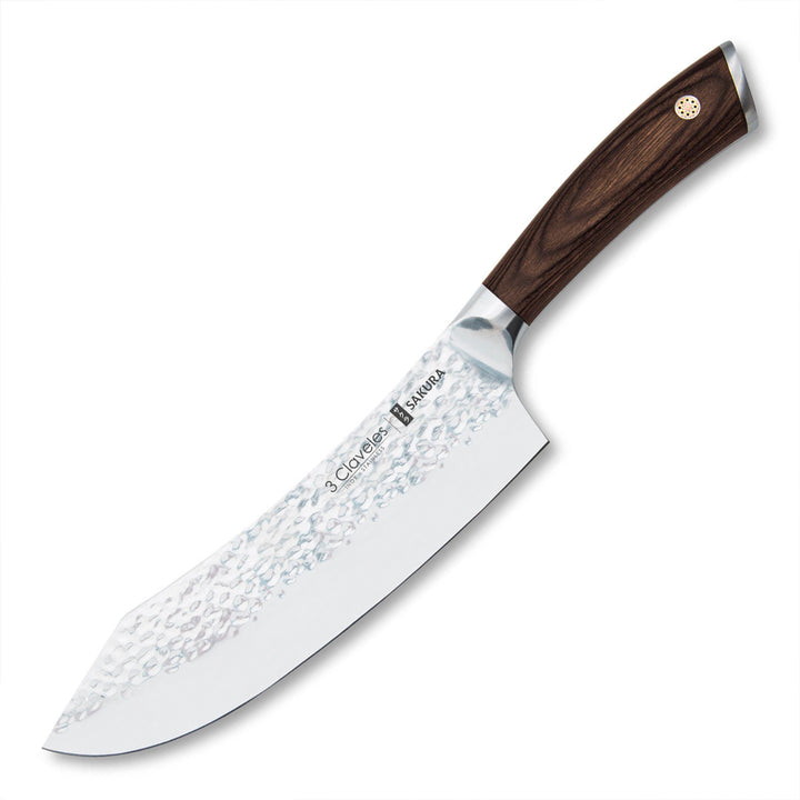 3 Claveles Sakura - Cuchillo Cocinero Curvo 20 cm Acero Forjado con Hoja Martilleada