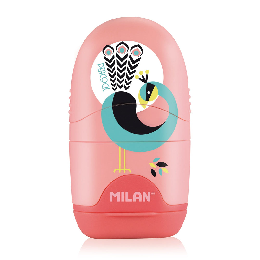 MILAN CAPSULE Peacock - Caja Expositora Afilaborra. Combinación de Goma y Sacapuntas. Colores Surtidos.