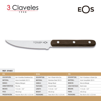 3 Claveles Eos - Set de 4 Cuchillos Chuleteros 11.5 cm en Acero Inoxidable