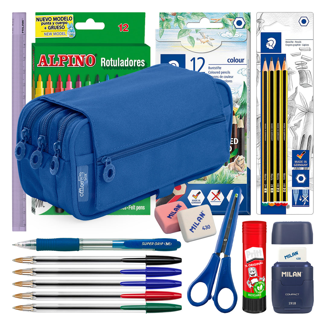 ColePack Pro -Estuche Triple de 3 Cremalleras con Material Escolar Incluido. Azul Oscuro