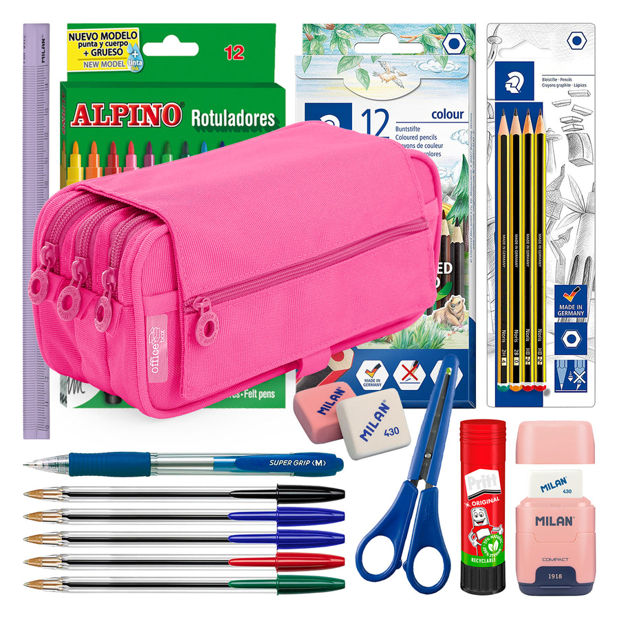 ColePack Pro - Estuche Triple de 3 Cremalleras con Material Escolar Incluido. Fucsia