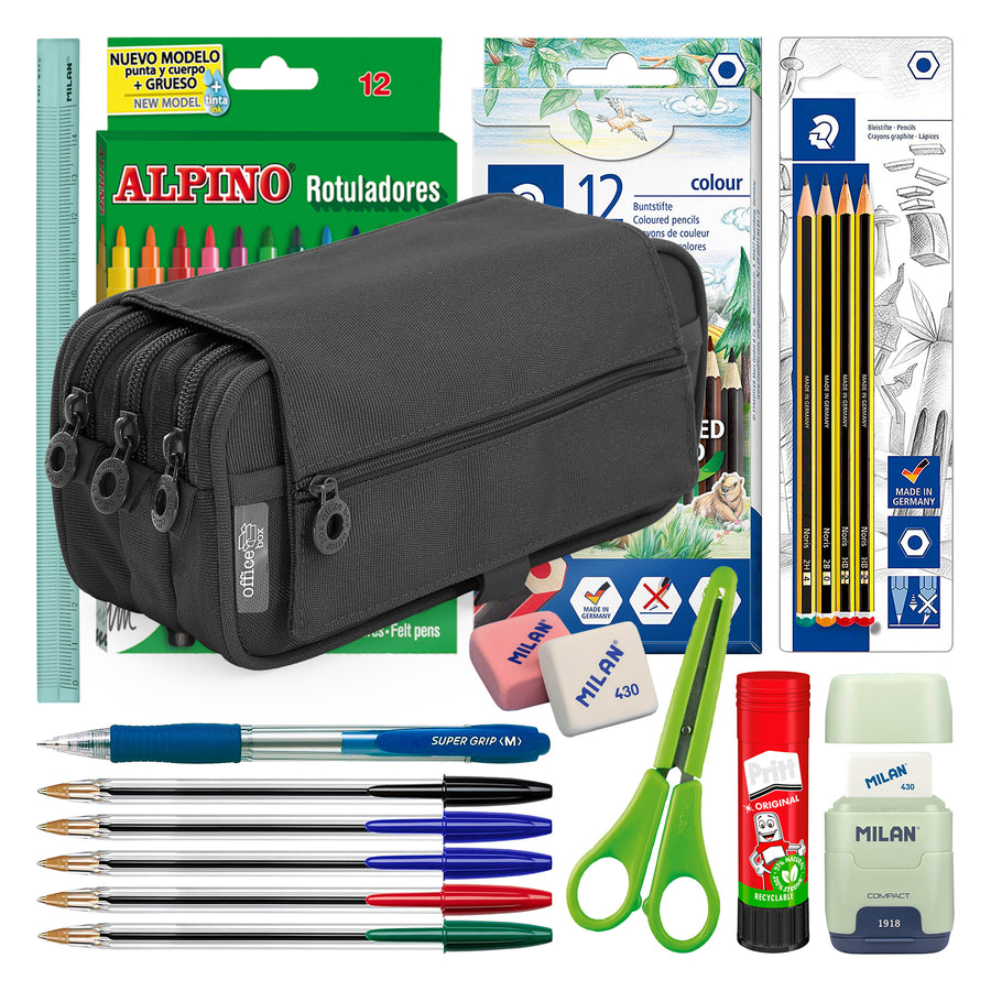 ColePack Pro - Estuche Triple de 3 Cremalleras con Material Escolar Incluido. Negro