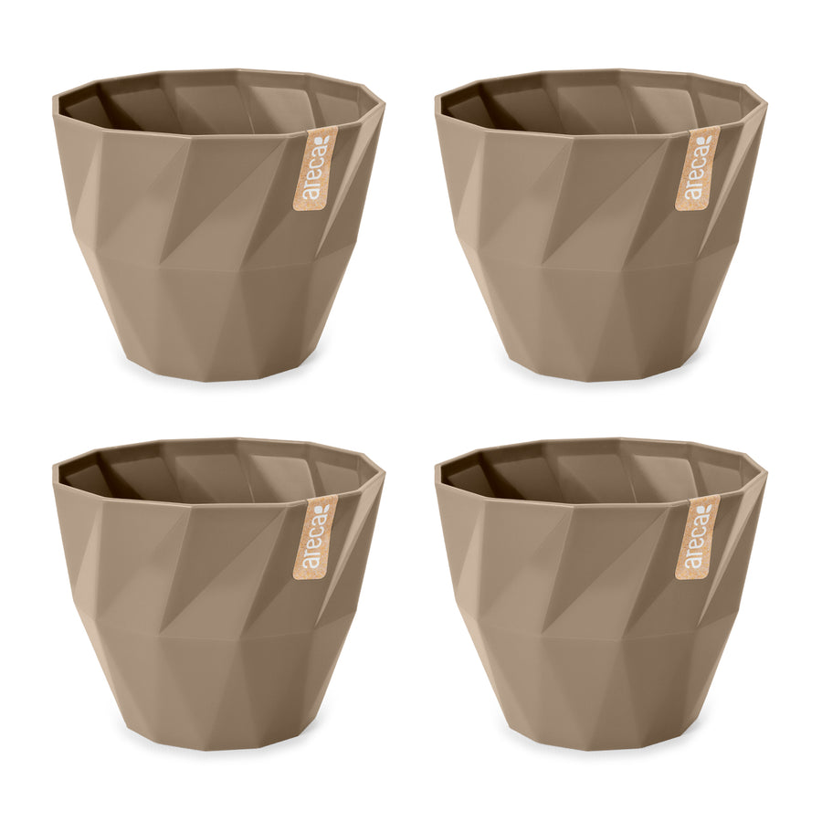 Areca Quartz - Set de 4 Macetas Redondas Decorativas 15 cm con Textura. Taupe