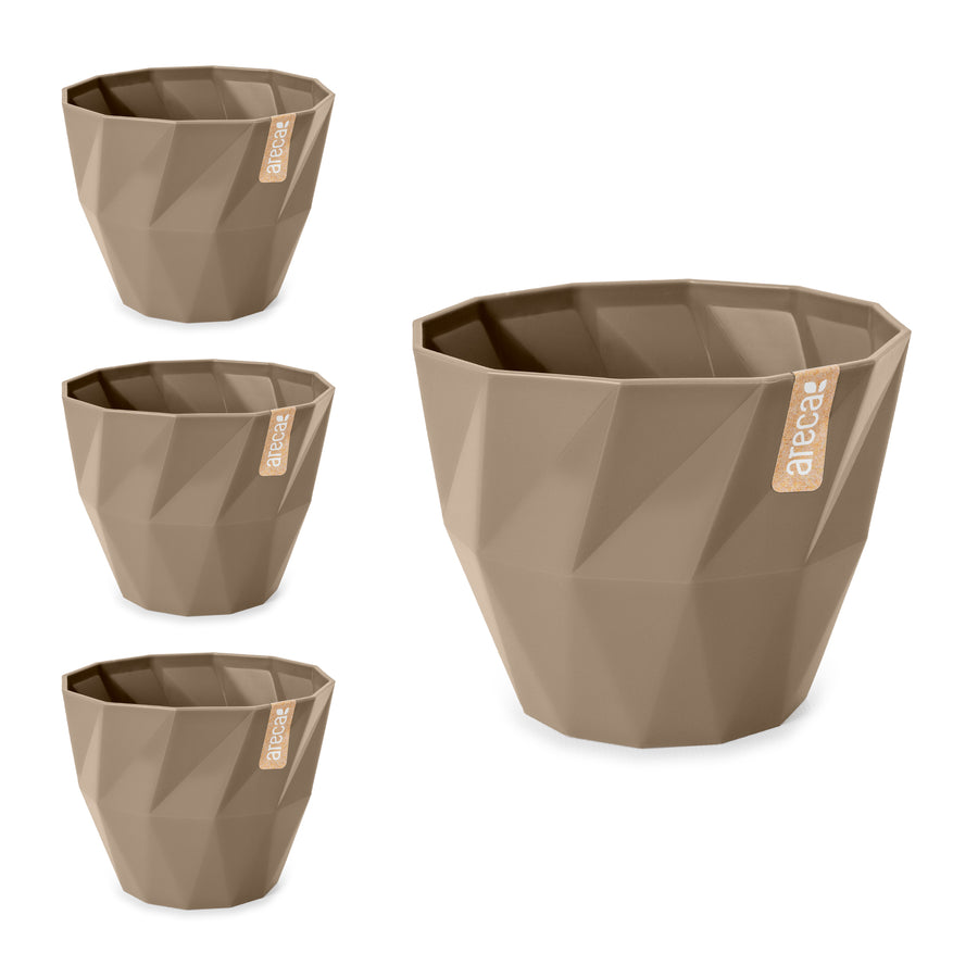 Areca Quartz - Set de 4 Macetas Redondas Decorativas 19 cm con Textura. Taupe