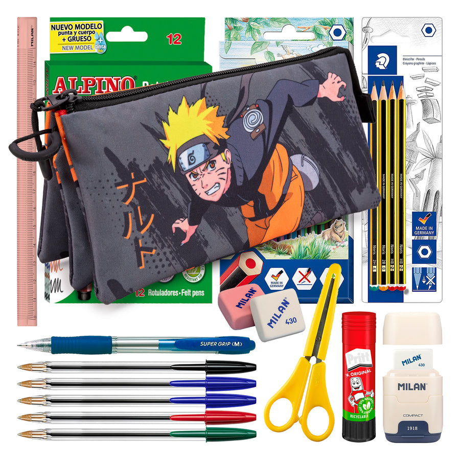 ColePack Naruto - Estuche Triple de 2 Cremalleras con Material Escolar. Shuriken