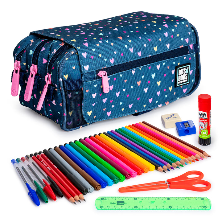 ColePack EcoDes - Estuche Triple de 3 Cremalleras con Material Escolar Incluido. Hearts