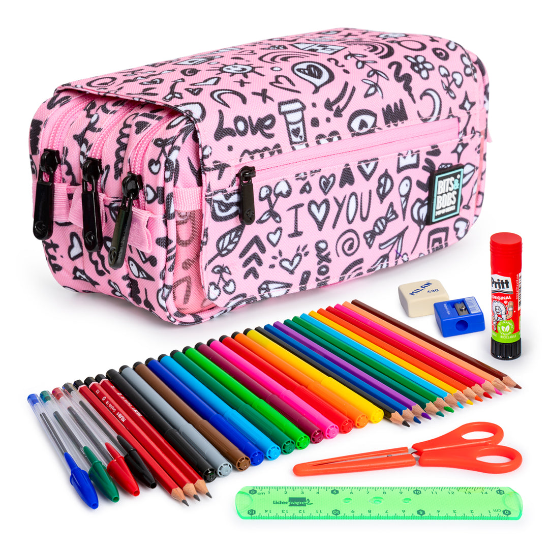 ColePack EcoDes - Estuche Triple de 3 Cremalleras con Material Escolar Incluido. I Love You