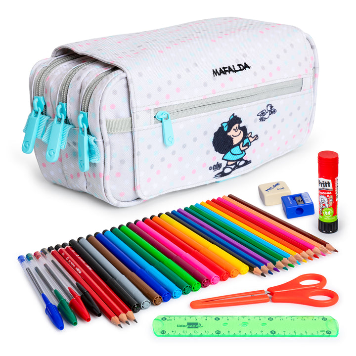 ColePack EcoDes - Estuche Triple de 3 Cremalleras con Material Escolar Incluido. Mafalda Bird