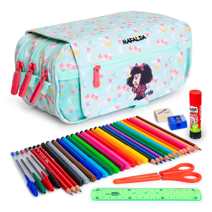 ColePack EcoDes - Estuche Triple de 3 Cremalleras con Material Escolar Incluido. Mafalda Pijama