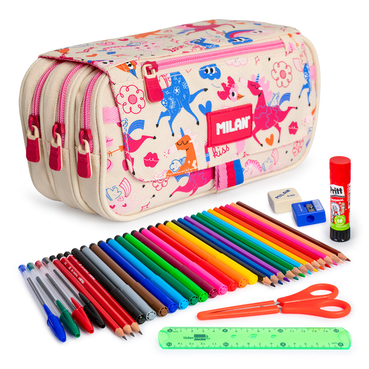 ColePack ECO Milan - Estuche Triple de 3 Cremalleras y Material Escolar Incluido. Flowicorn