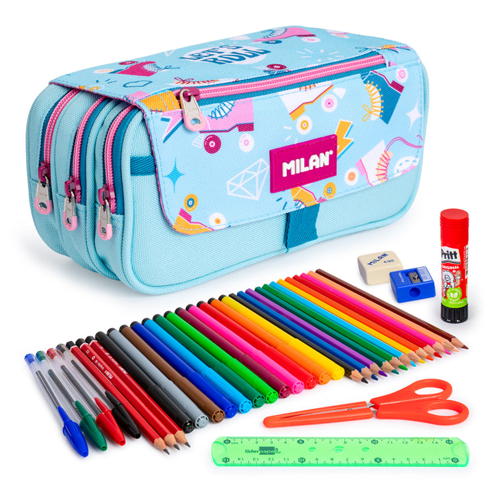 ColePack ECO Milan - Estuche Triple de 3 Cremalleras y Material Escolar Incluido. Roller
