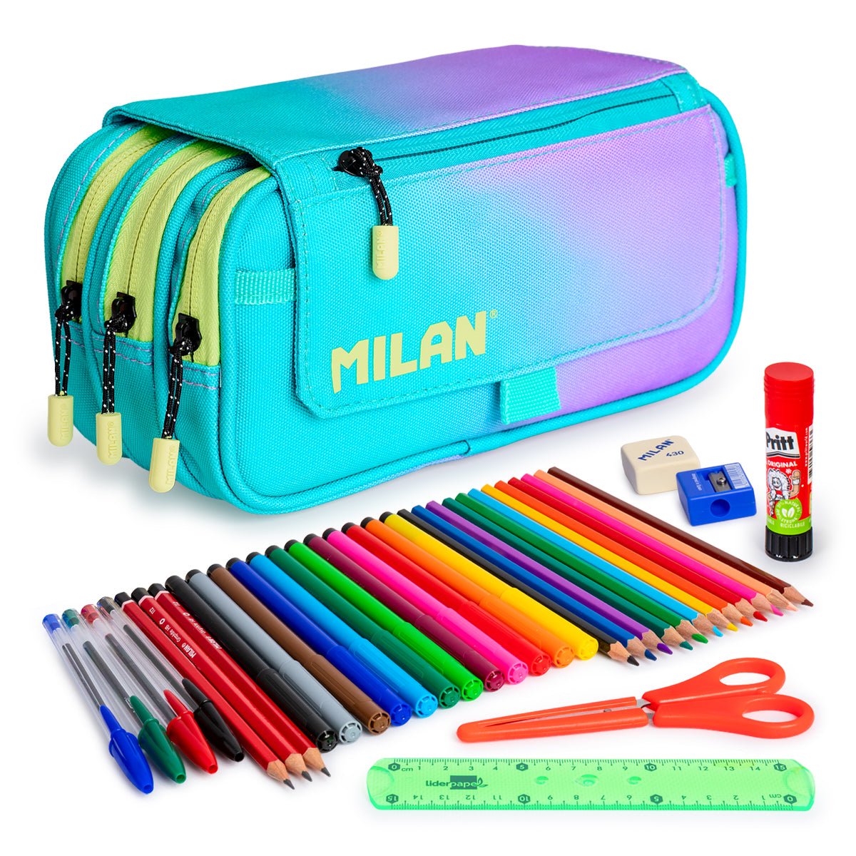 ColePack ECO Milan - Estuche Triple de 3 Cremalleras y Material Escolar. Sunset Turquesa