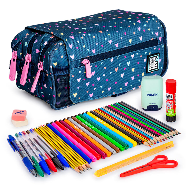 ColePack Design - Estuche Triple de 3 Cremalleras con Material Escolar Incluido. Hearts