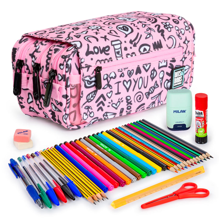 ColePack Design - Estuche Triple de 3 Cremalleras con Material Escolar Incluido. I Love You