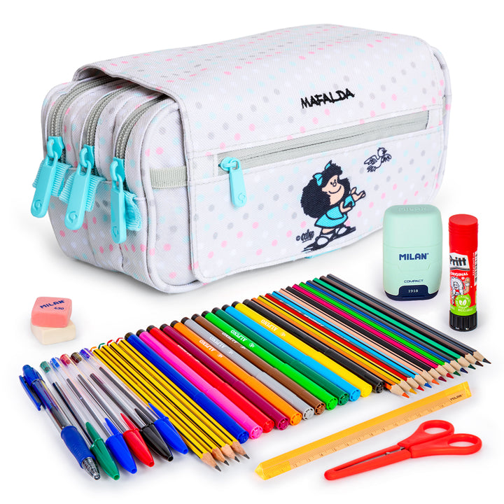 ColePack Design - Estuche Triple de 3 Cremalleras con Material Escolar Incluido. Mafalda Bird