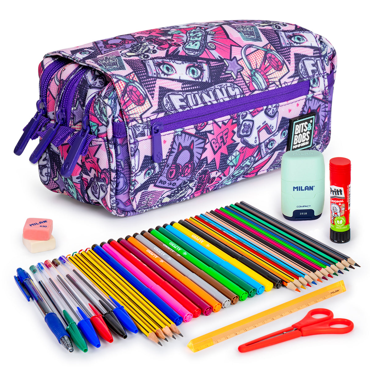 ColePack Design - Estuche Triple de 3 Cremalleras con Material Escolar Incluido. Manga