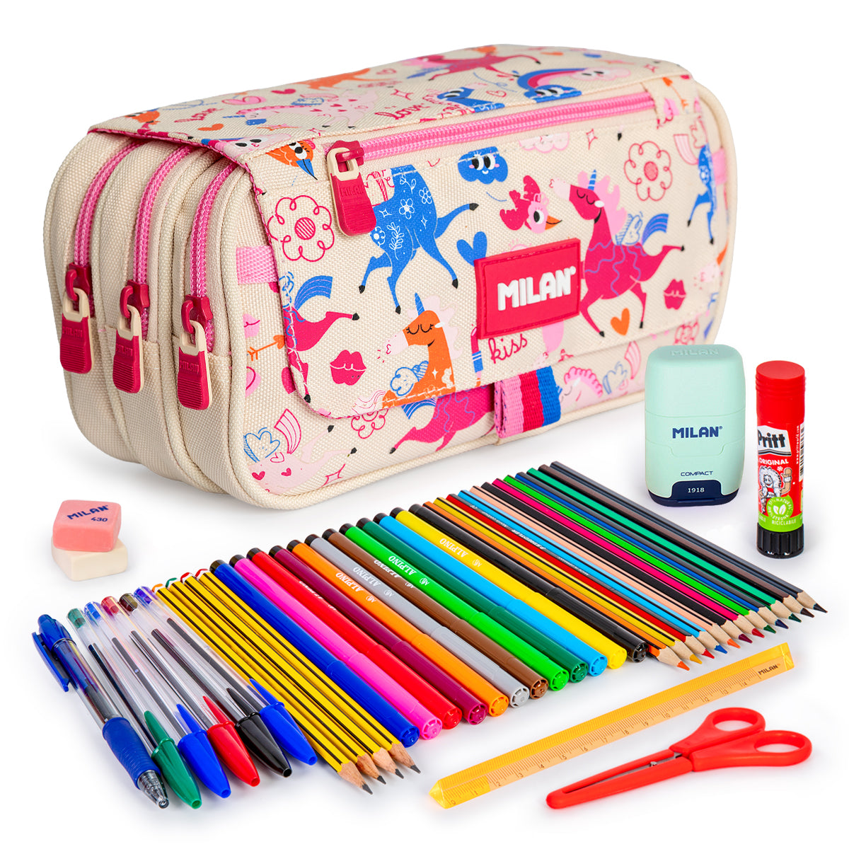 ColePack PRO Milan - Estuche Triple de 3 Cremalleras y Material Escolar Incluido. Flowicorn