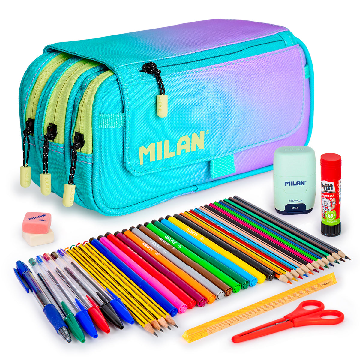 ColePack PRO Milan - Estuche Triple de 3 Cremalleras y Material Escolar. Sunset Turquesa