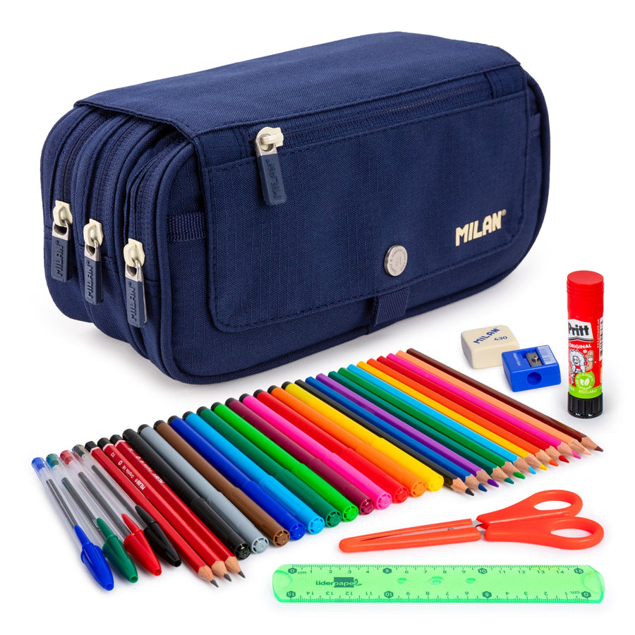 ColePack ECO Milan - Estuche Triple de 3 Cremalleras y Material Escolar Incluido. Azul 1918