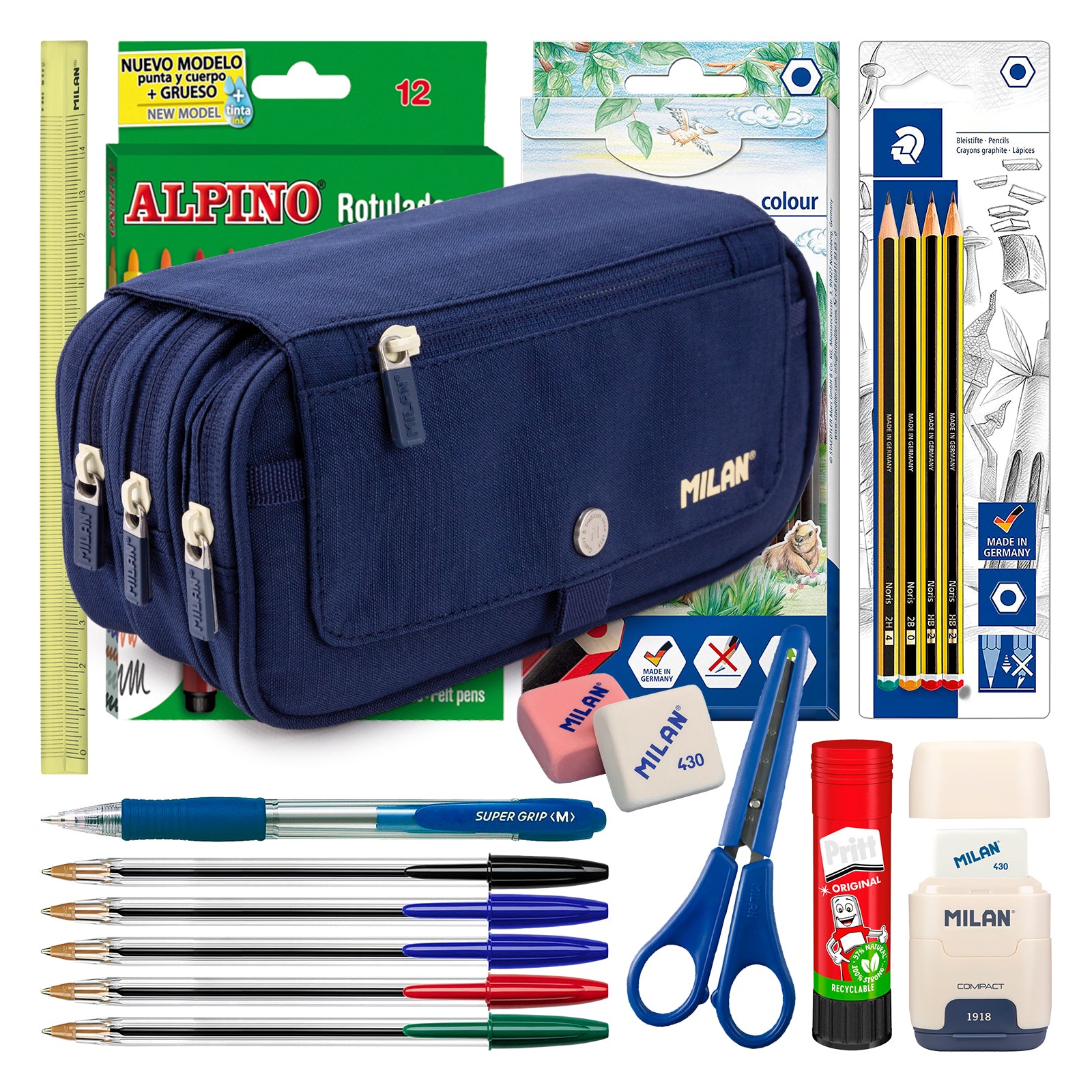 ColePack Milan - Estuche Triple de 3 Cremalleras y Material Escolar Incluido. Azul 1918